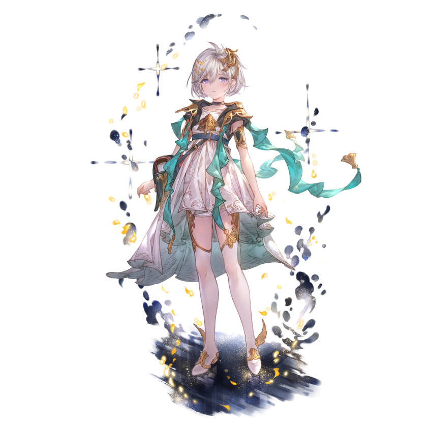 1girl, ahoge, bag, bangs, boots, choker, closed_mouth, dress, granblue_fantasy, hair_between_eyes, hair_ornament, looking_at_viewer, official_art, short_hair, short_sleeves, shoulder_bag, solo, standing, thigh-highs, thigh_boots, violet_eyes, white_dress, white_footwear, white_hair, yuni_(granblue_fantasy)