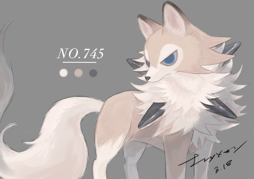 animal_focus, blue_eyes, closed_mouth, commentary_request, dated, grey_background, highres, looking_back, lycanroc, lycanroc_(midday), natsumekan, no_humans, pokedex_number, pokemon, pokemon_(creature), signature, solo, spikes, standing, white_fur