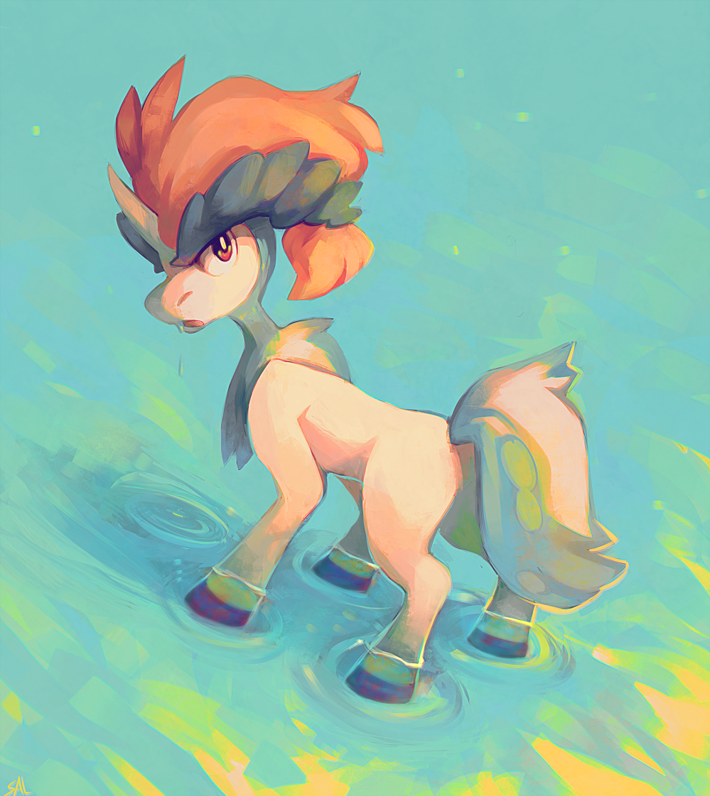 brown_eyes, commentary_request, creature, full_body, horns, keldeo, keldeo_(ordinary), looking_back
