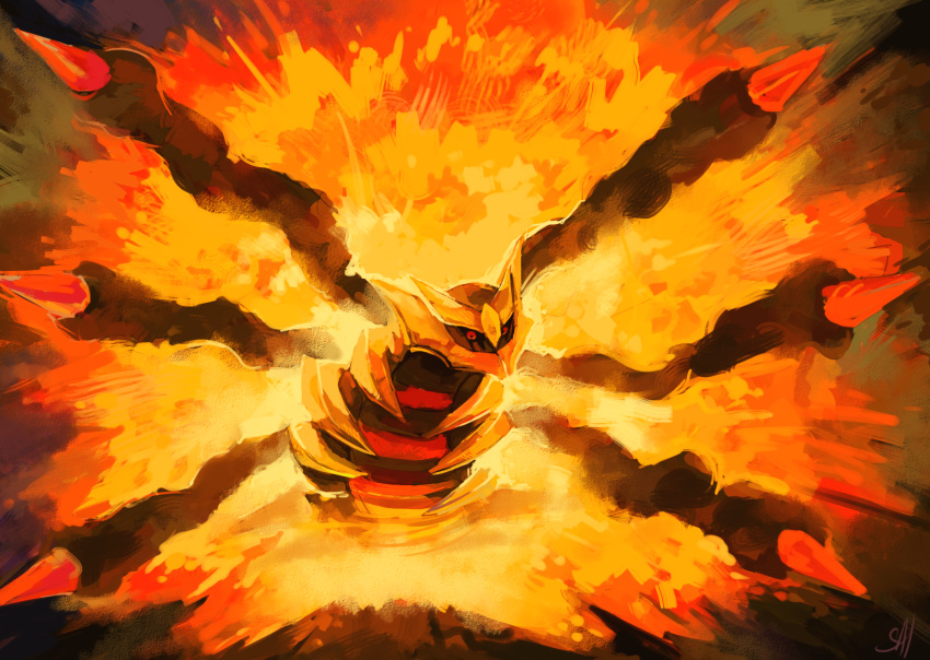 black_sclera, colored_sclera, commentary, explosion, fire, giratina, giratina_(origin), highres