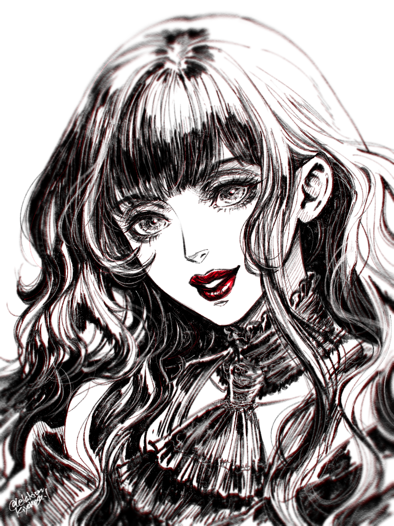 1girl, ascot, black_ascot, black_dress, black_hair, choker, dress, final_fantasy, final_fantasy_xiv, frilled_choker, frills, gaia_(ff14), greyscale, hyur, leki_ixion, long_hair, looking_at_viewer, monochrome, red_lips, solo, spot_color, upper_body, white_background