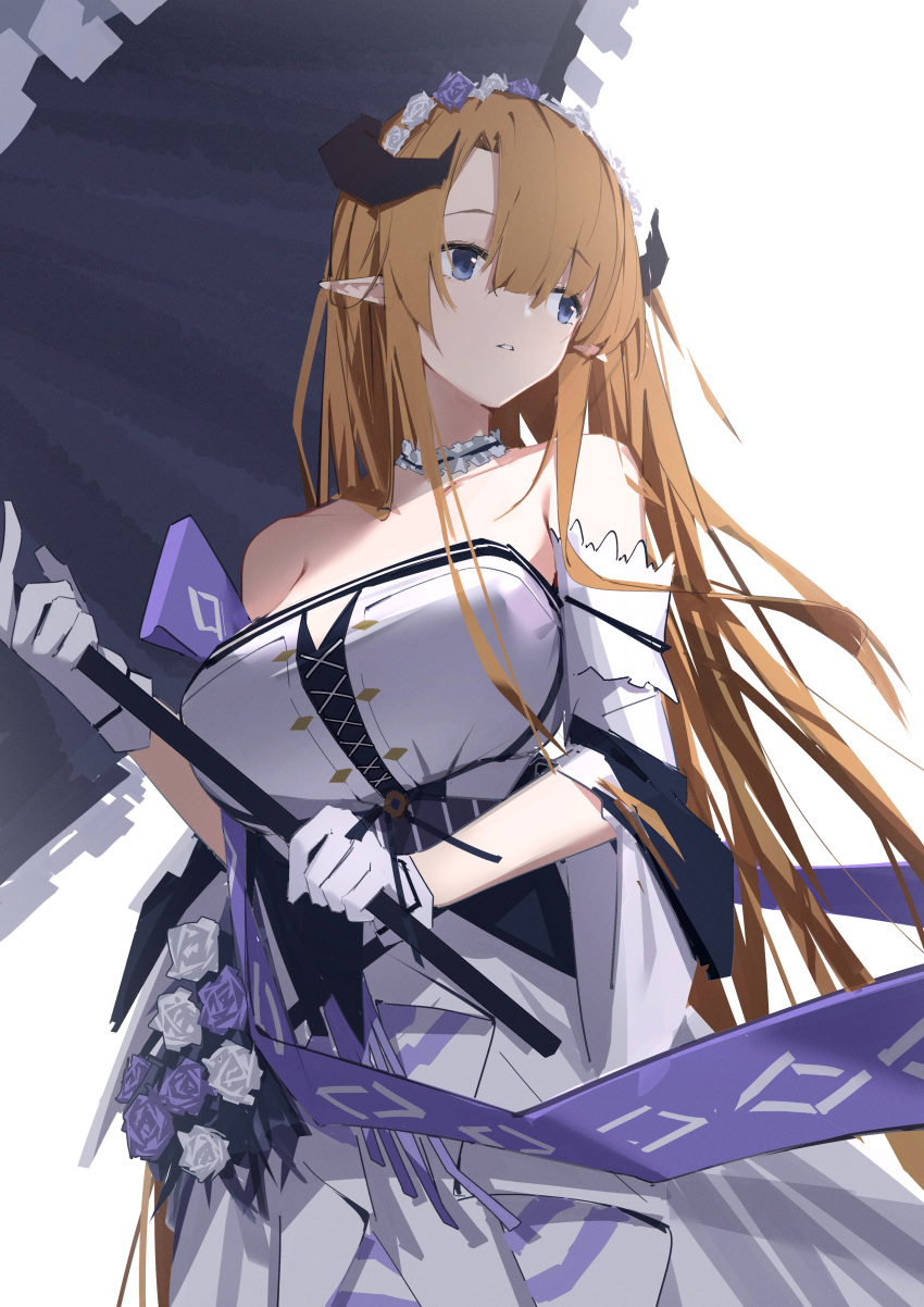 1girl, absurdres, arknights, bangs, bare_shoulders, blonde_hair, blue_eyes, breasts