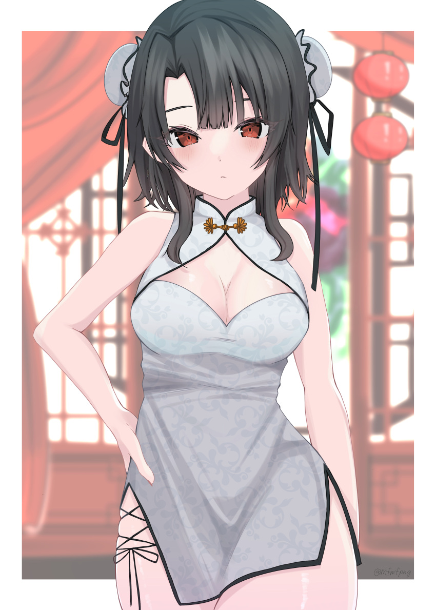 1girl, absurdres, alternate_costume, alternate_hairstyle, black_hair, breasts, china_dress, chinese_clothes