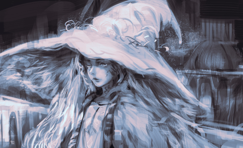 1girl, blue_theme, closed_mouth, cracked_skin, elden_ring, fur_cloak, hat, highres