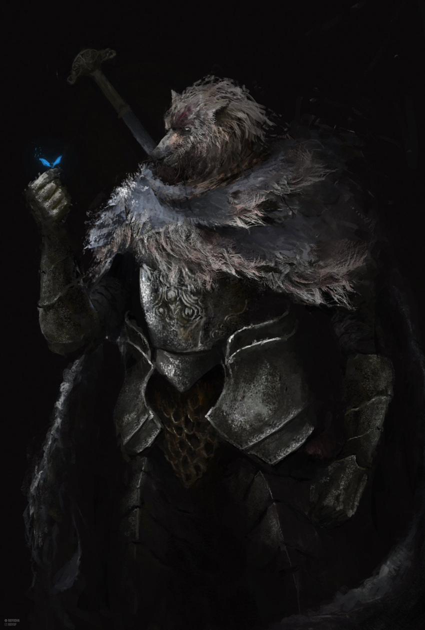 1boy, armor, blaidd_the_half-wolf, blue_butterfly, breastplate, bug, butterfly, cape