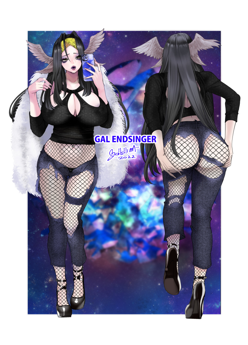 1girl, ass, black_hair, breasts, cellphone, contemporary, final_fantasy, final_fantasy_xiv