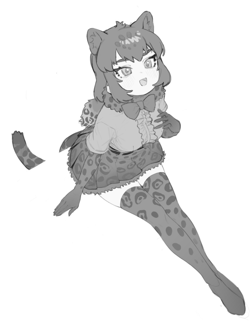 1girl, :d, animal_ear_fluff, animal_ears, black_jaguar_(kemono_friends), bow, bowtie, breasts