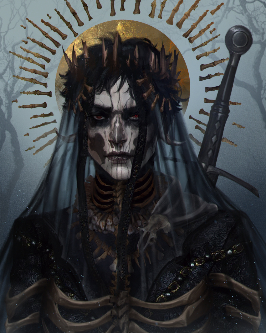 1girl, absurdres, black_hair, bone, caio_santos, crown, face, facepaint