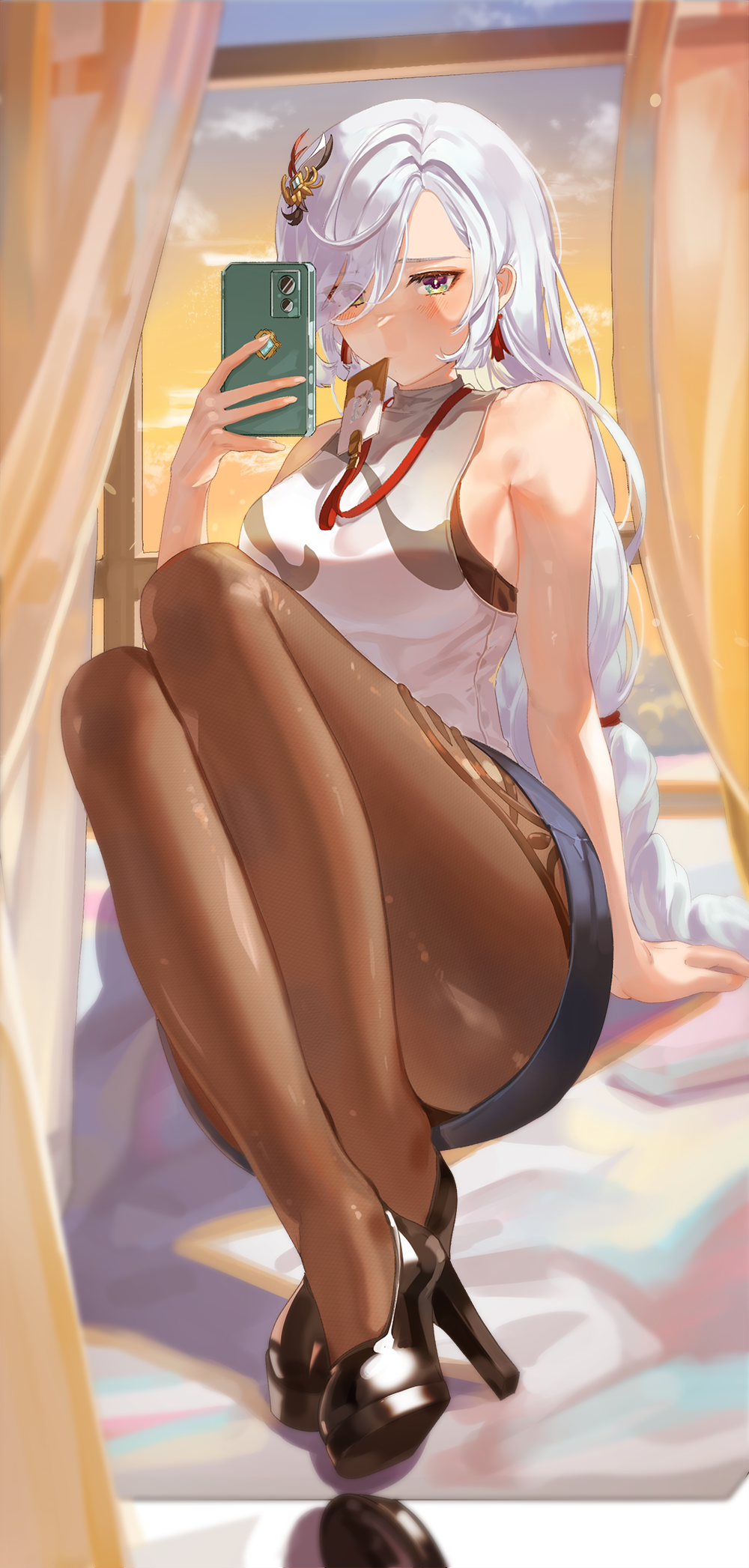 1girl, alternate_costume, bangs, black_footwear, black_legwear, blue_eyes, blue_skirt, breasts, cellphone, crossed_ankles, earrings, eyes_visible_through_hair, genshin_impact, hair_between_eyes, hair_ornament, high_heels, highres, holding, holding_phone, id_card, jewelry, large_breasts, long_hair, mirror, mouth_hold, office_lady, pantyhose, pencil_skirt, phone, sem_(honey_sv), shenhe_(genshin_impact), shirt, silver_hair, sitting, skirt, sleeveless, sleeveless_shirt, solo, taking_picture, tassel, tassel_earrings, white_shirt