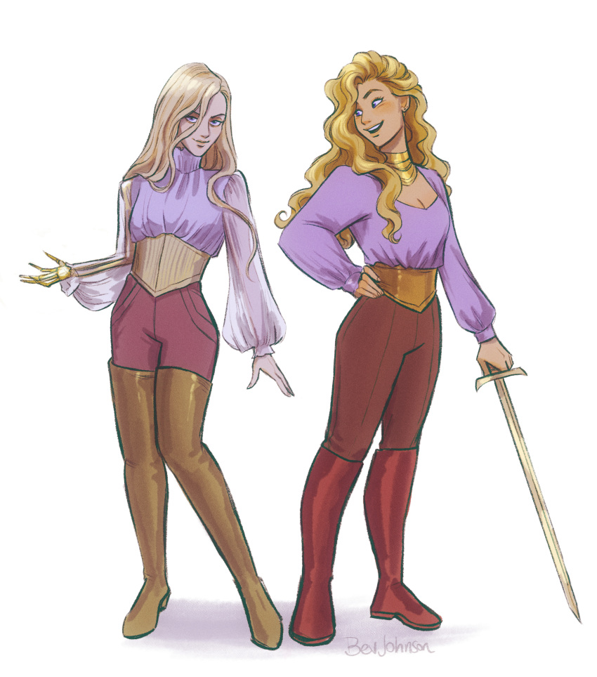 2girls, absurdres, bev_johnson, blonde_hair, boots, coronabeth_tridentarius, hand_on_hip, highres
