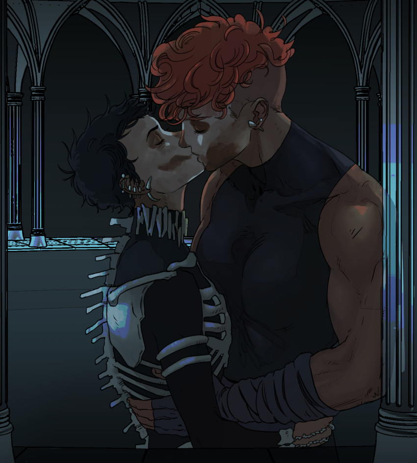 2girls, bare_arms, bare_shoulders, black_hair, bone, closed_eyes, dark-skinned_female, dark_skin