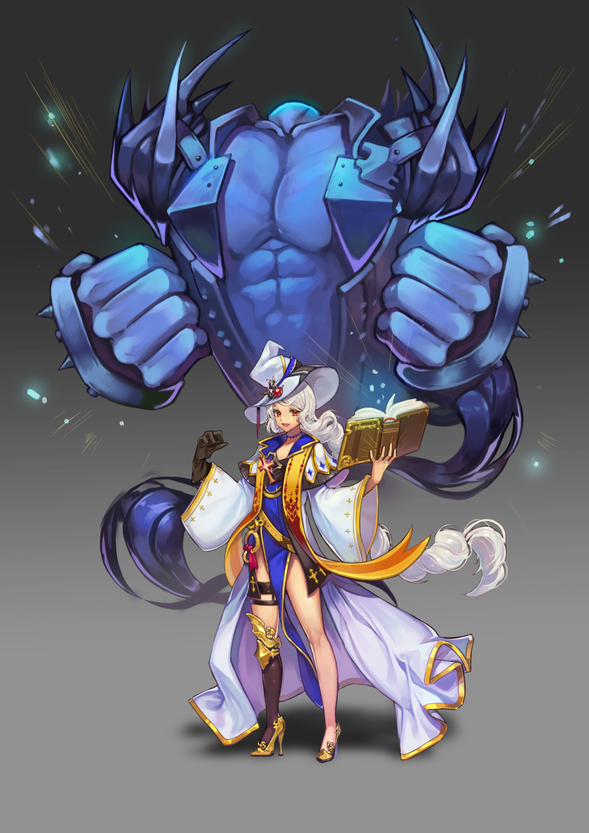 1girl, :d, abs, absurdres, armor, black_gloves, blue_dress, book