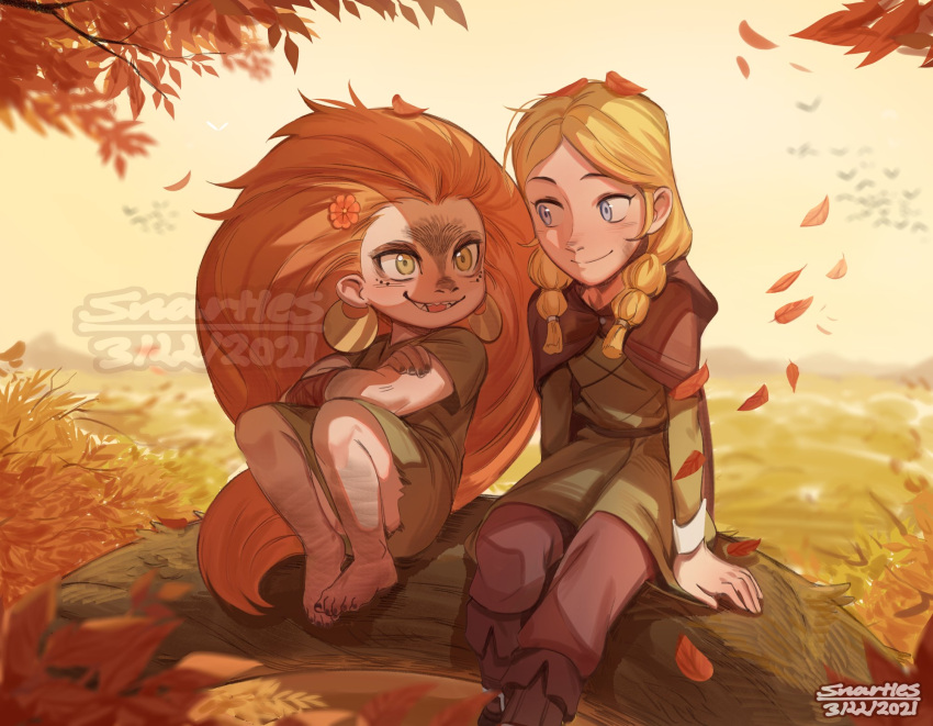 2girls, autumn_leaves, barefoot, blonde_hair, blue_eyes, braid, cape, dirty