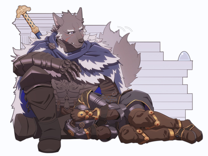 2boys, absurdres, ambiguous_gender, animal_head, armor, blaidd_the_half-wolf, brooch, cape