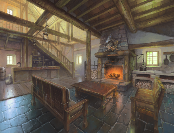 architecture, atelier_pocket, balcony, beam, brick_floor, building, cabin, chimney, commentary_request, fireplace, no_humans, original, scenery, stairs, table, window