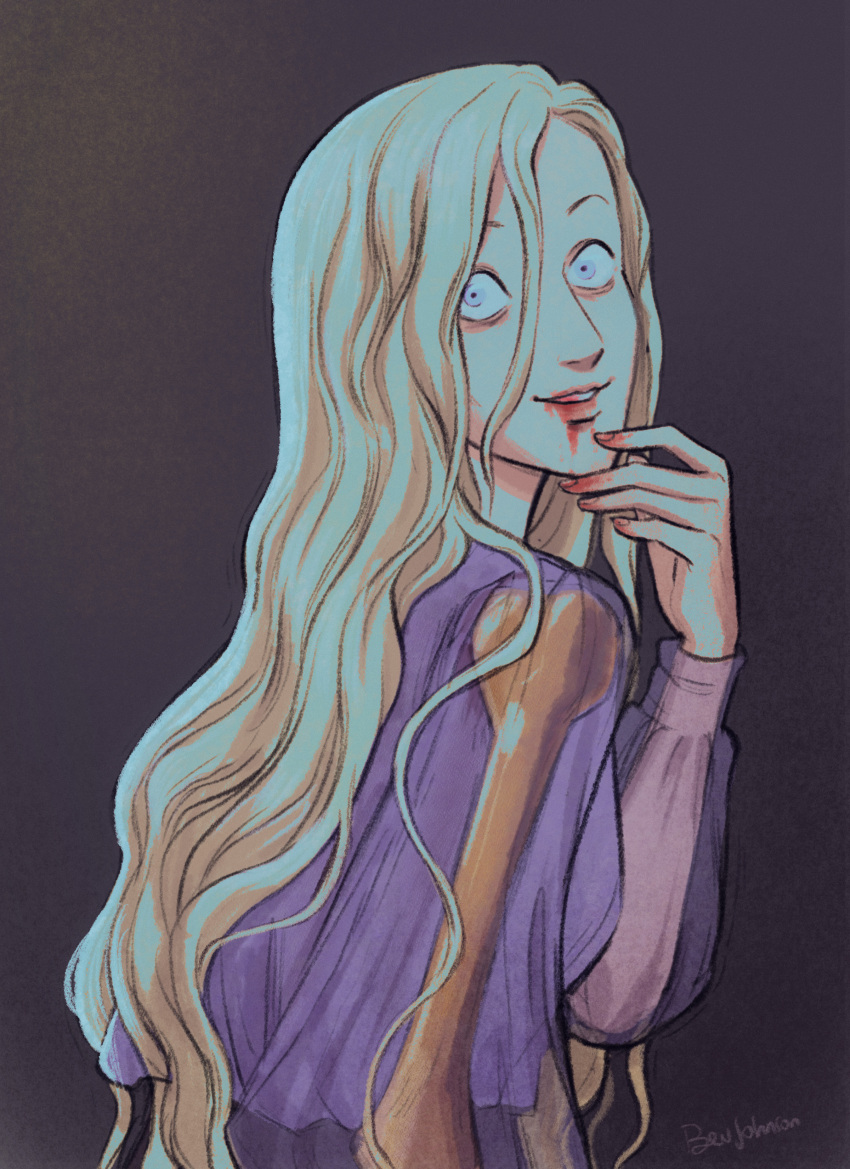 1girl, absurdres, bev_johnson, blonde_hair, blood, blood_from_mouth, blood_on_hands, blue_eyes