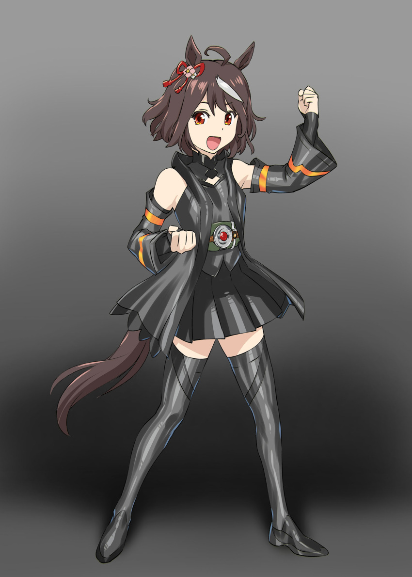 1girl, ahoge, animal_ears, belt, black_background, black_footwear, black_shirt, black_skirt