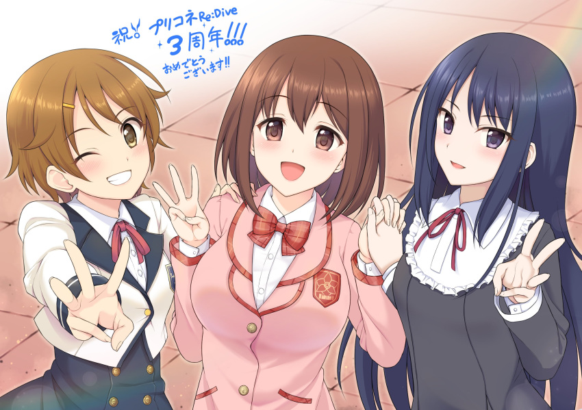 3girls, :d, ;d, bangs, blue_hair, breasts, brown_eyes, brown_hair