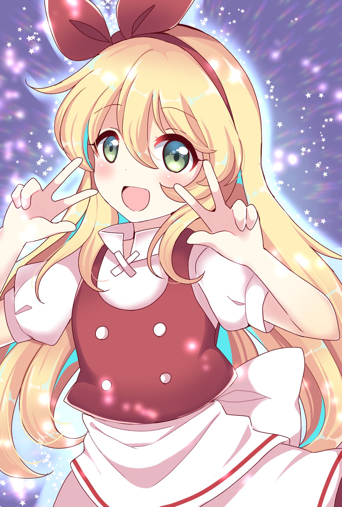 1girl, apron, bangs, blonde_hair, blush, bow, double_v, ellen_(touhou)