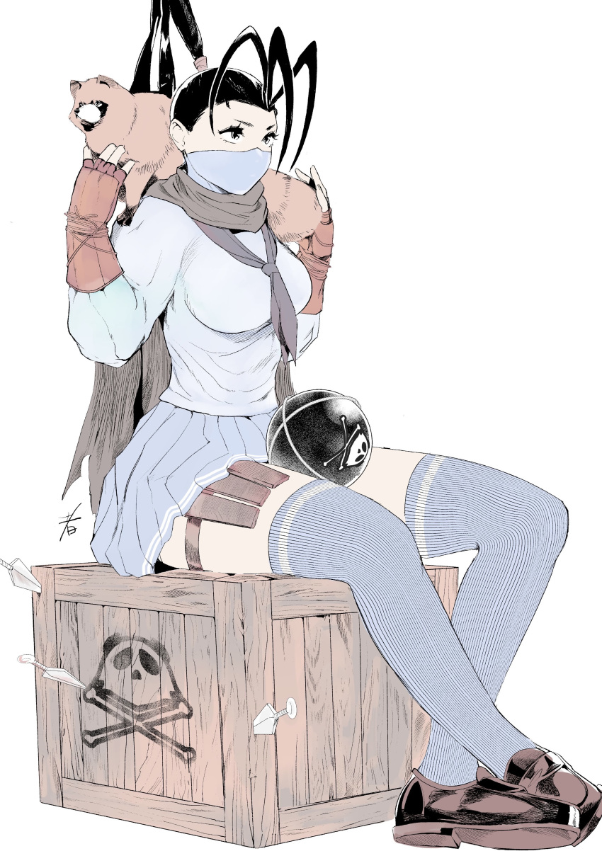 1girl, absurdres, animal, animal_on_shoulder, antenna_hair, black_hair, box, breasts