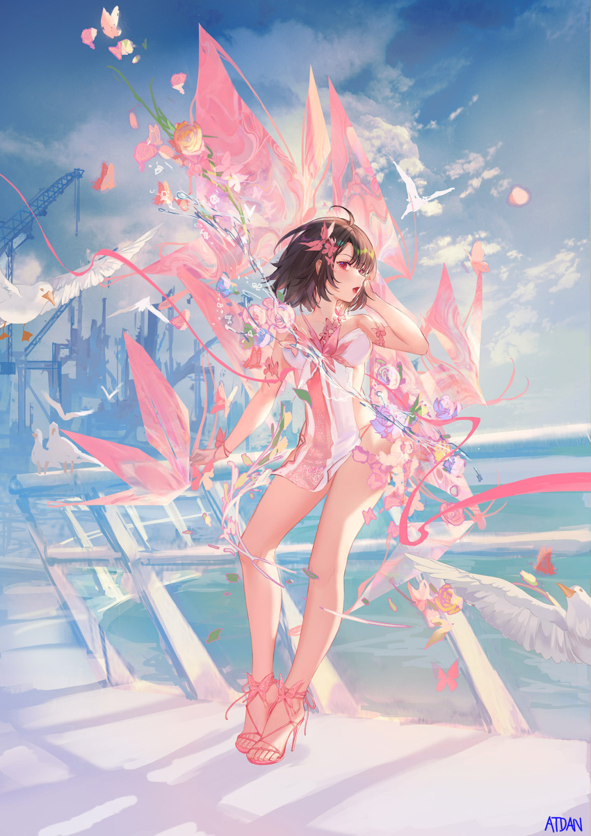 1girl, abstract, ahoge, artist_name, atdan, bare_arms, bare_legs, bare_shoulders