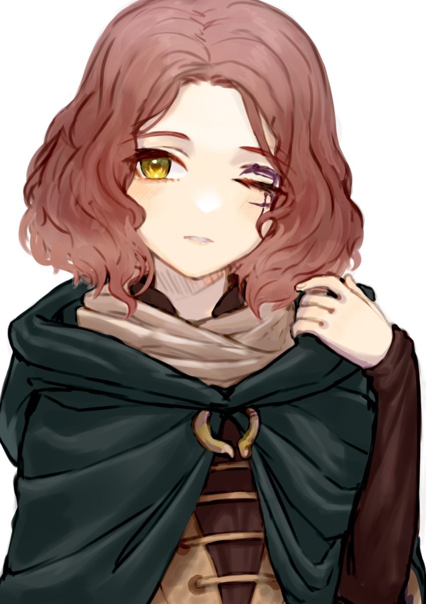1girl, arm_up, brown_hair, cloak, elden_ring, eyebrows_visible_through_hair, facial_tattoo, green_cloak