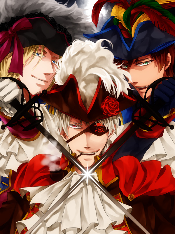 axis_powers_hetalia, blonde_hair, brown_hair, cravat, eyepatch, flower, france_(hetalia), hat