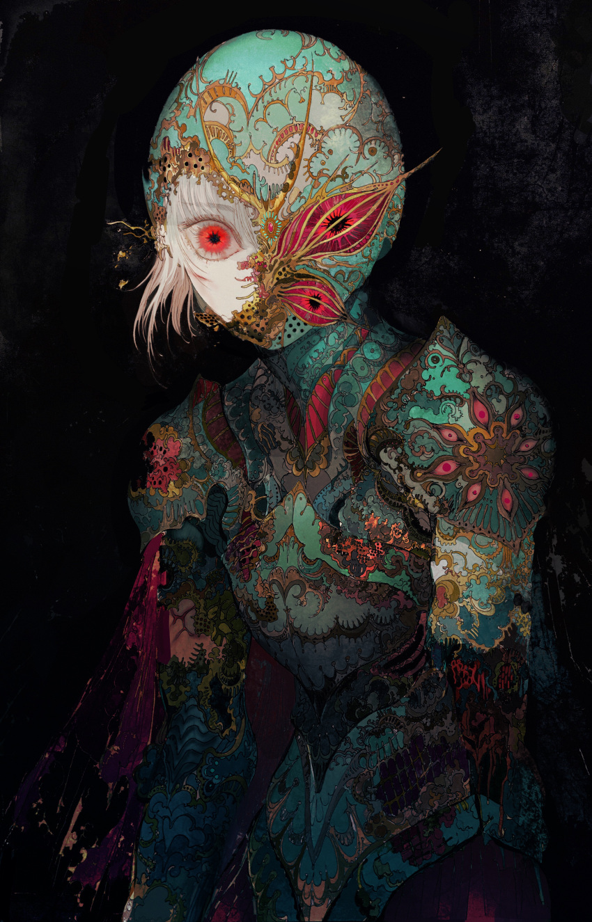 1other, absurdres, ambiguous_gender, armor, black_background, covered_mouth, extra_eyes, highres