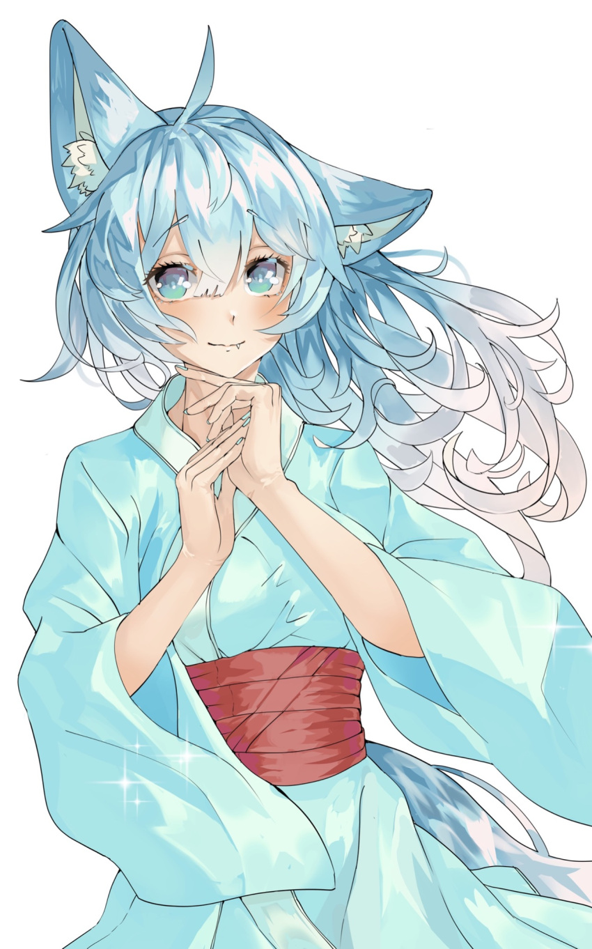 1girl, ahoge, animal_ear_fluff, animal_ears, animal_request, aqua_eyes, aqua_kimono, aqua_nails