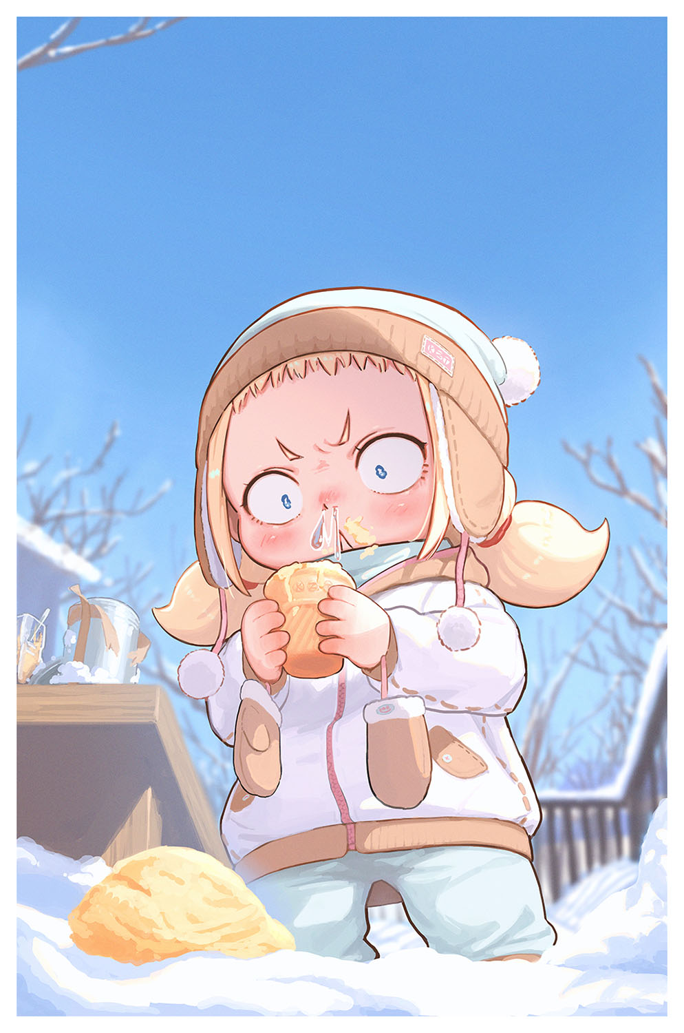 1girl, :<, beanie, blue_eyes, blurry, blurry_background, child, constricted_pupils
