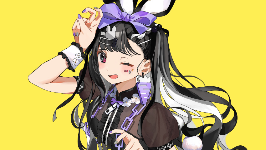 1girl, absurdres, animal_ears, black_dress, black_hair, black_ribbon, bow, bunny_hair_ornament