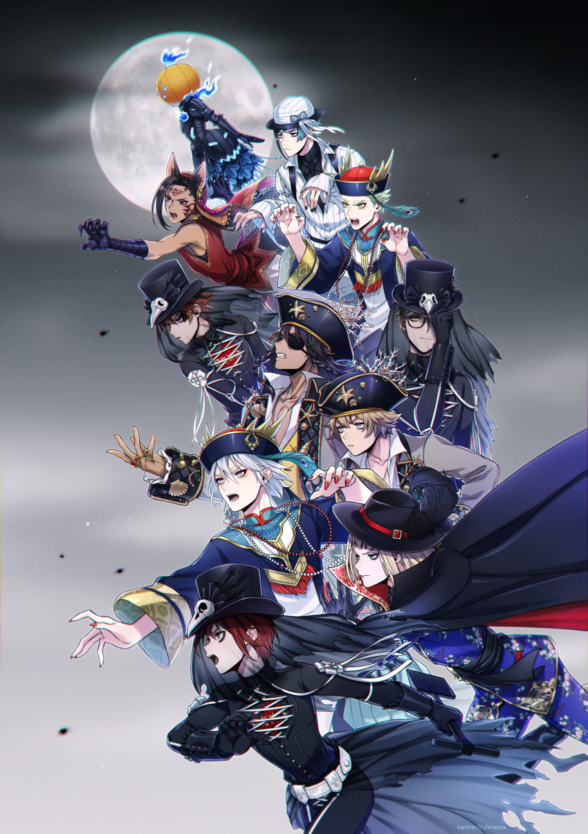 6+boys, absurdres, ace_trappola, adjusting_clothes, adjusting_headwear, animal_ear_fluff, artist_name, bangs