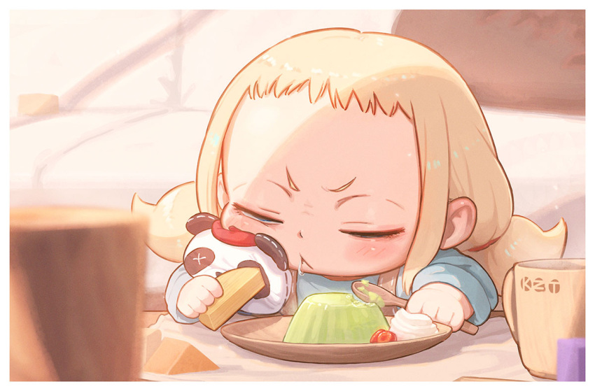 1girl, :<, blonde_hair, blurry, blurry_background, blurry_foreground, child, depth_of_field