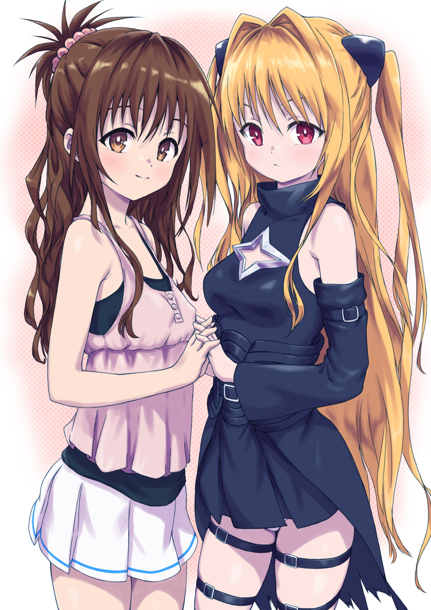 2girls, absurdres, arad_baranga, blonde_hair, blush, brown_eyes, brown_hair, commentary