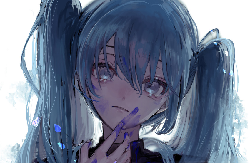 1girl, absurdres, black_shirt, blue_eyes, blue_hair, closed_mouth, commentary_request, face