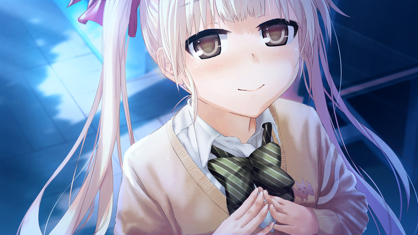 1girl, bangs, blurry, blurry_background, blush, bow, bowtie, brown_eyes