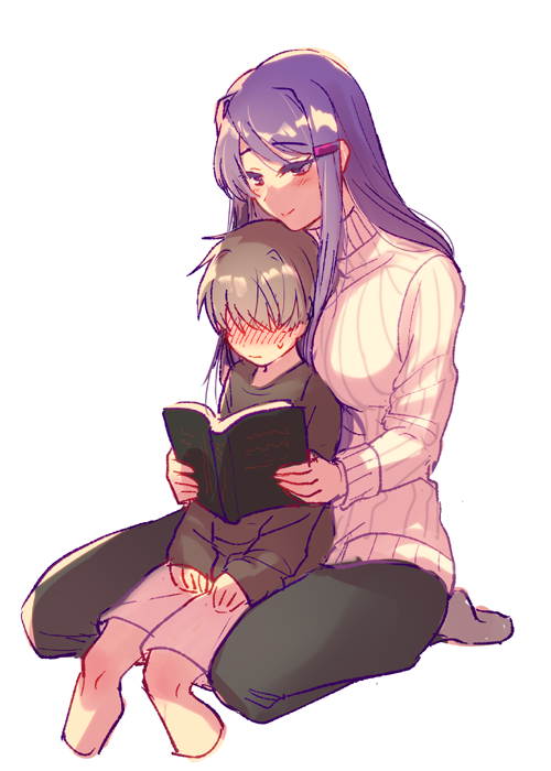 1boy, 1girl, bangs, between_breasts, black_pants, book, breasts, brown_shirt, child, doki_doki_literature_club, embarrassed, feet_out_of_frame, full_body, grey_legwear, hair_ornament, hairclip, half-closed_eyes, height_difference, holding, holding_book, large_breasts, long_hair, long_sleeves, looking_down, no_eyes, pants, person_between_breasts, protagonist_(doki_doki_literature_club), purple_hair, reading, ribbed_sweater, shiny, shiny_hair, shirt, sidelocks, simple_background, sitting, sitting_on_lap, sitting_on_person, smile, socks, sora_(efr), sweater, tall_female, tsurime, turtleneck, turtleneck_sweater, very_long_hair, violet_eyes, white_background, white_sweater, younger, yuri_(doki_doki_literature_club)