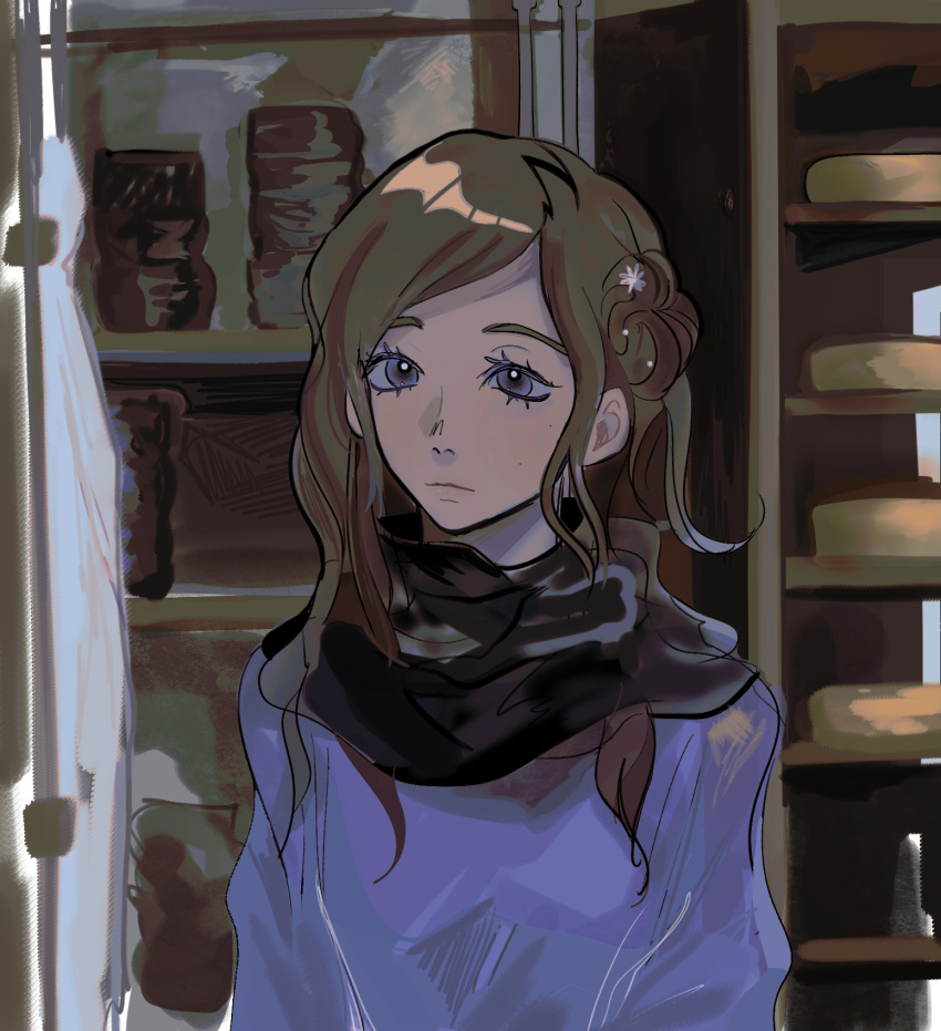 1girl, black_stole, blue_dress, brown_hair, closed_mouth, dress, grey_eyes, hair_bun