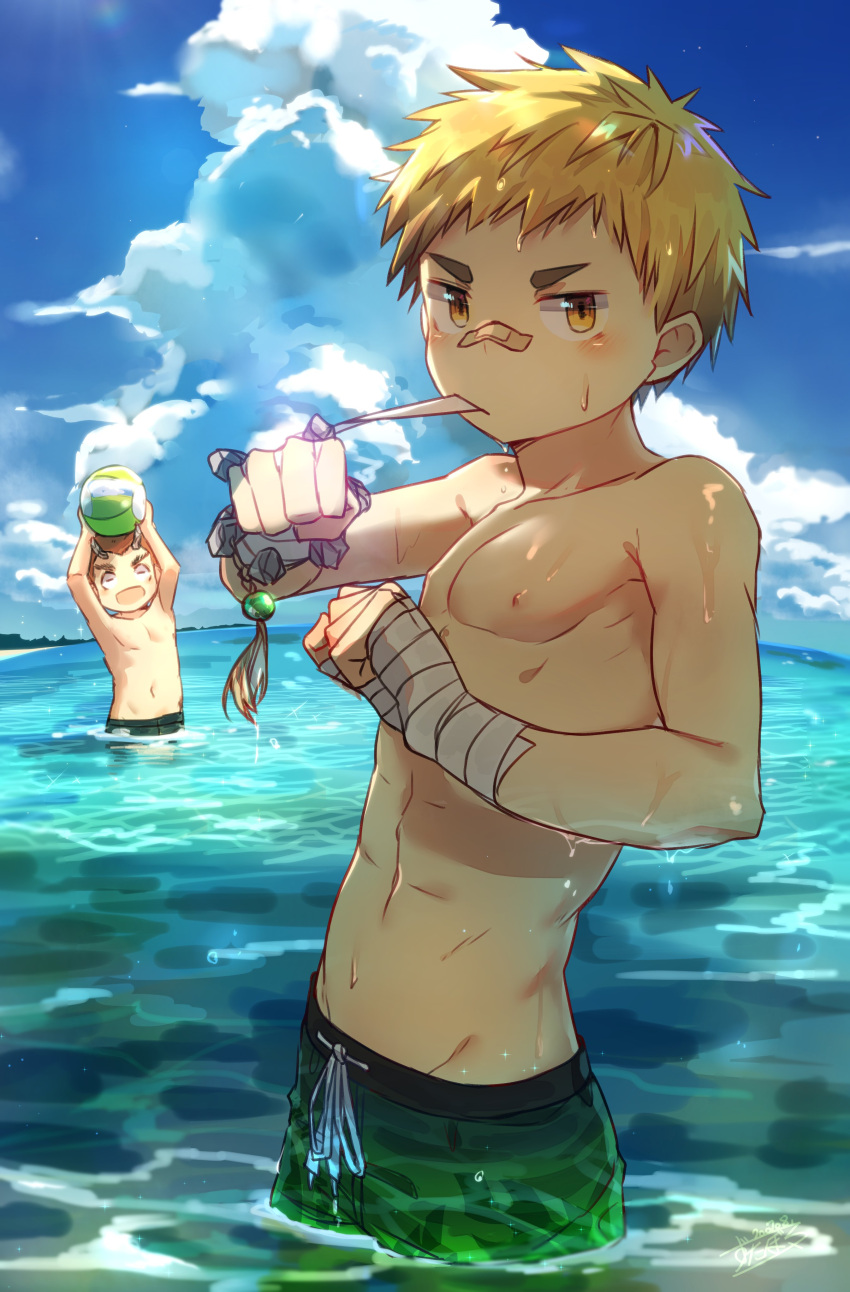 2boys, absurdres, blonde_hair, brown_hair, clouds, cloudy_sky, commentary_request, day, demon_boy, highres, horns, looking_at_viewer, male_focus, male_swimwear, multiple_boys, muscular_shota, ocean, one-piece_swimsuit, original, sky, swim_trunks, swimming, swimsuit, topless_male, water, yellow_eyes, zutabo2