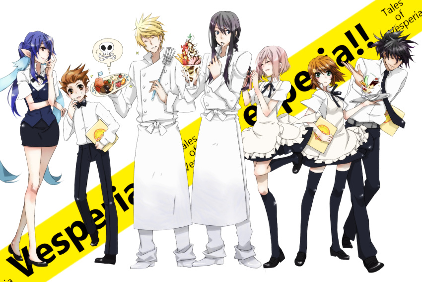 4boys, alternate_costume, bad_food, blue_hair, blush, chef, closed_eyes, estellise_sidos_heurassein