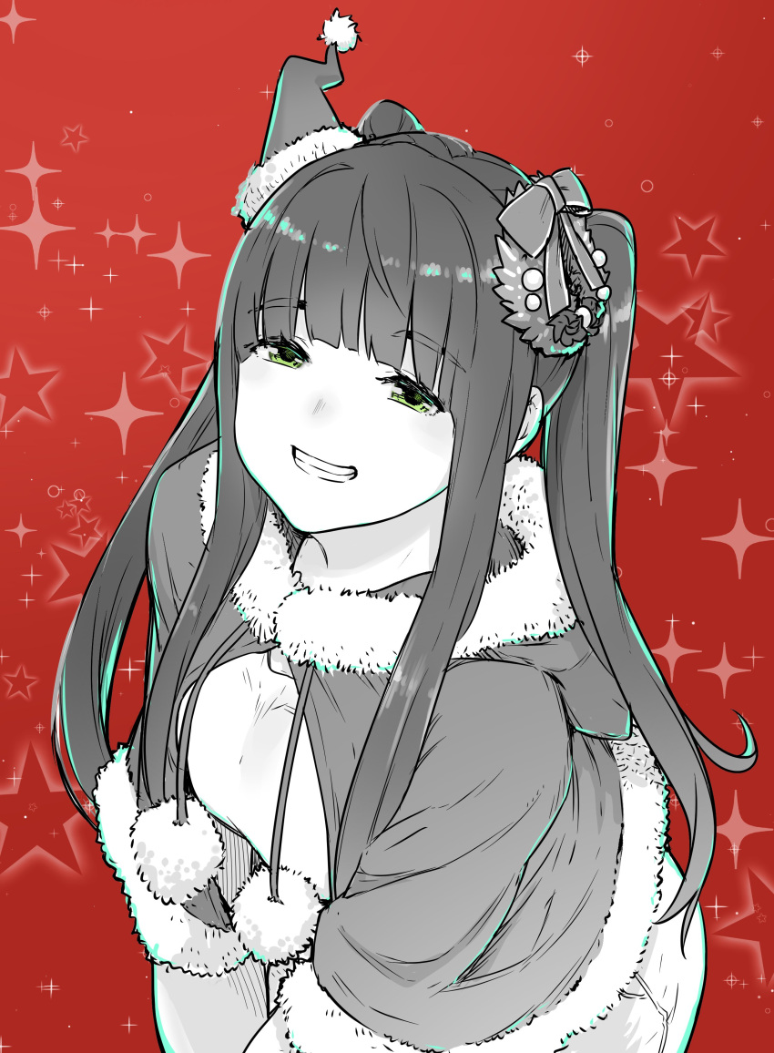 1girl, absurdres, black_hair, breasts, christmas, eyebrows_visible_through_hair, flying_witch, fur-trimmed_jacket
