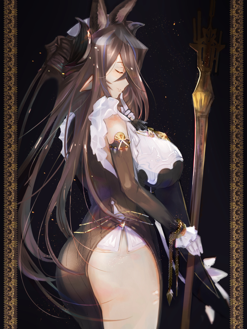 1girl, animal_ears, ass, bangs, breasts, brown_hair, closed_eyes, cowboy_shot, detached_sleeves, extra_ears, finger_to_mouth, frilled_sleeves, frills, galleon_(granblue_fantasy), gloves, granblue_fantasy, highres, horns, large_breasts, long_hair, multicolored_hair, ori_ibu, pointy_ears, sideboob, solo, staff, streaked_hair, very_long_hair, white_gloves