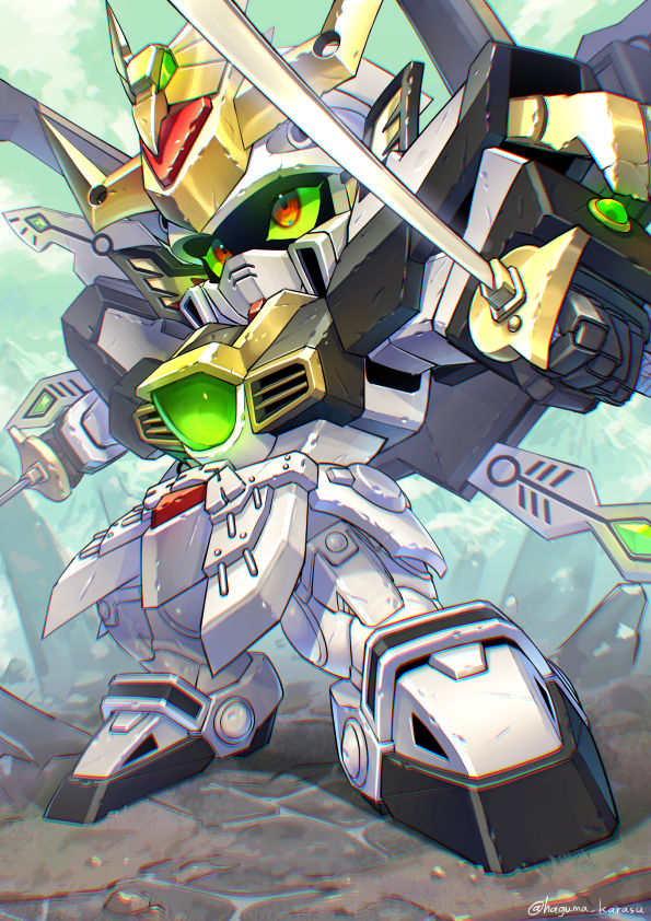 bakuou_gundam, colored_sclera, dual_wielding, green_sclera, gundam, holding, holding_sword, holding_weapon