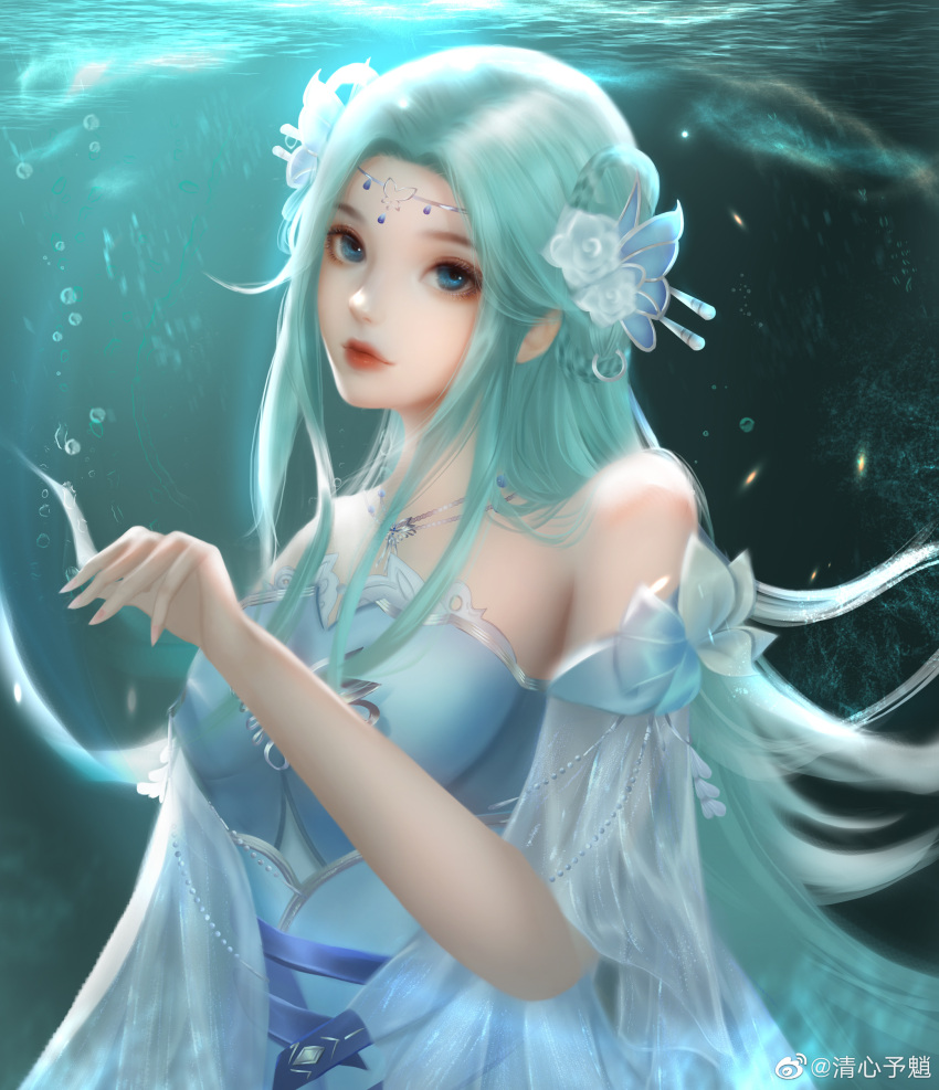 1girl, absurdres, bare_shoulders, blue_dress, blue_eyes, blue_hair, douluo_dalu, dress