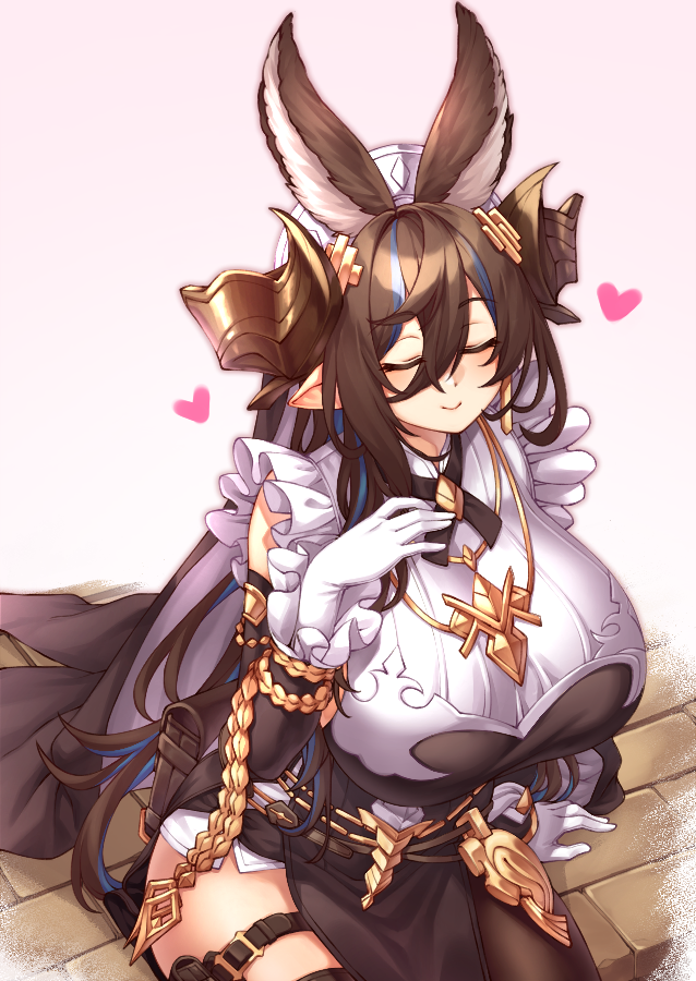 1girl, animal_ears, asymmetrical_hair, bangs, breasts, brown_hair, closed_eyes, detached_sleeves