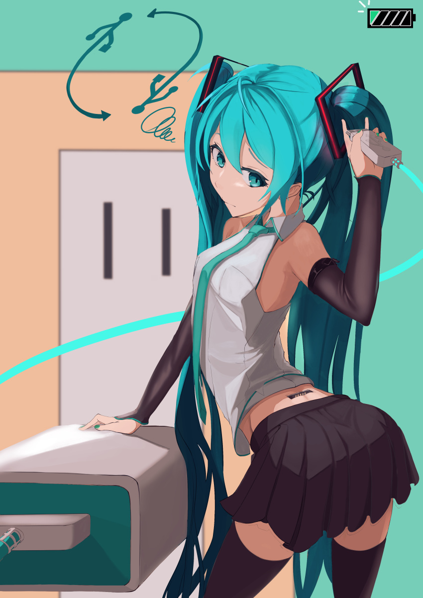 1girl, 999_ducati, absurdres, android, aqua_eyes, aqua_hair, aqua_necktie, bad_anatomy, bare_shoulders, black_legwear, black_sleeves, commentary, cowboy_shot, detached_sleeves, electric_plug, electric_socket, furrowed_brow, hair_ornament, hatsune_miku, highres, long_hair, minigirl, miniskirt, necktie, outlet, shirt, skirt, sleeveless, sleeveless_shirt, solo, squiggle, thigh-highs, twintails, twisted_torso, usb, very_long_hair, vocaloid, white_shirt, zettai_ryouiki