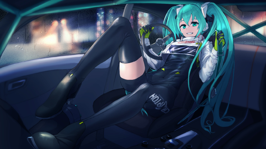 1girl, 999_ducati, aqua_eyes, aqua_hair, asymmetrical_bodysuit, asymmetrical_legwear, black_bodysuit, black_gloves