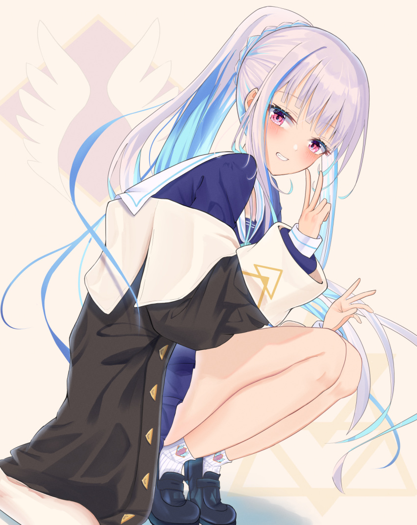1girl, black_jacket, blue_hair, borrowed_garments, floating_hair, grey_hair, hair_behind_ear, haru_(haru83380282)