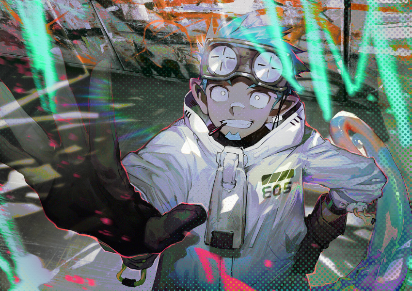 1boy, aoki_(fumomo), arknights, black_gloves, blue_hair, chameleon_tail, coat, colored_sclera