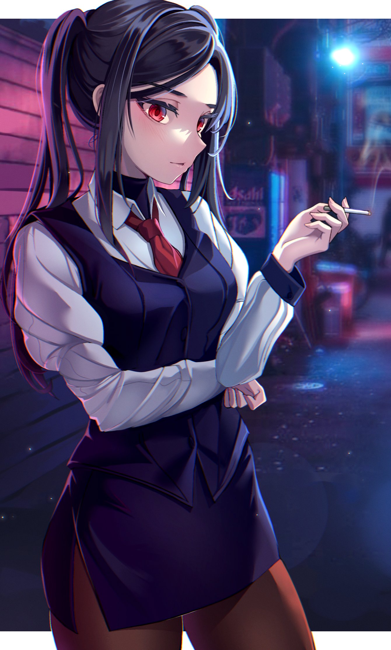 1girl, alley, bartender, cigarette, girls_frontline, highres, jill_stingray, long_hair